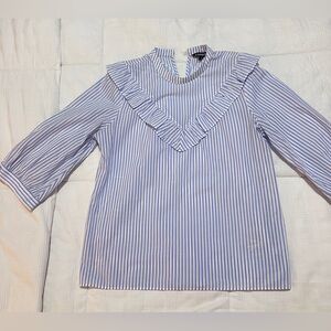 Express Blue and White Striped Ruffle Blouse